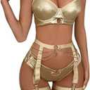 SOLY HUX Women's 3 Piece Lingerie Sets Metallic PU Leather Underwire Garter Belts Lingerie Bra and Panty Set, Large