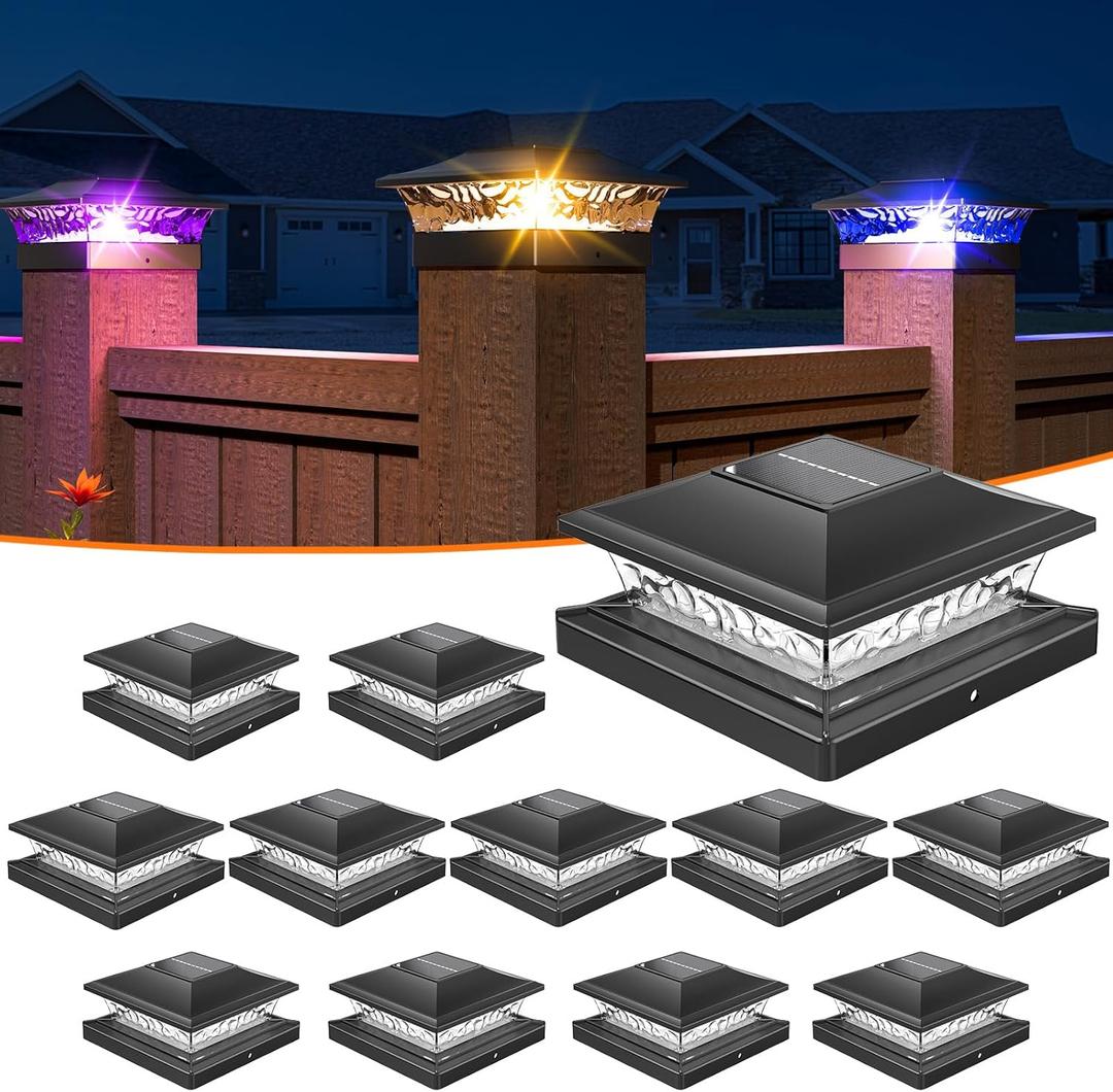 APONUO Solar Post Cap Lights with 8 RGB Solid Colors & Multicolor Flow - 12 Pack 6x6 Post Cap Solar Light, IP65 Waterproof - Fits 4x4 5x5 6x6 Wood & Vinyl Posts , Black