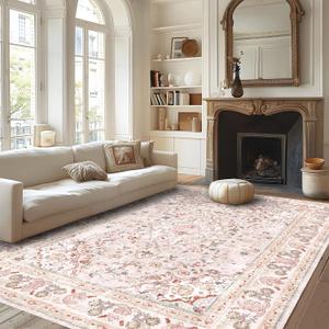 Vhong Pink Area Rugs Washable Boho Vintage Modern Neutral Large Carpet 69 High Traffic Rugs for Dinning Room Living Room Bedroom Girls' Room Nursery Room Non Slip