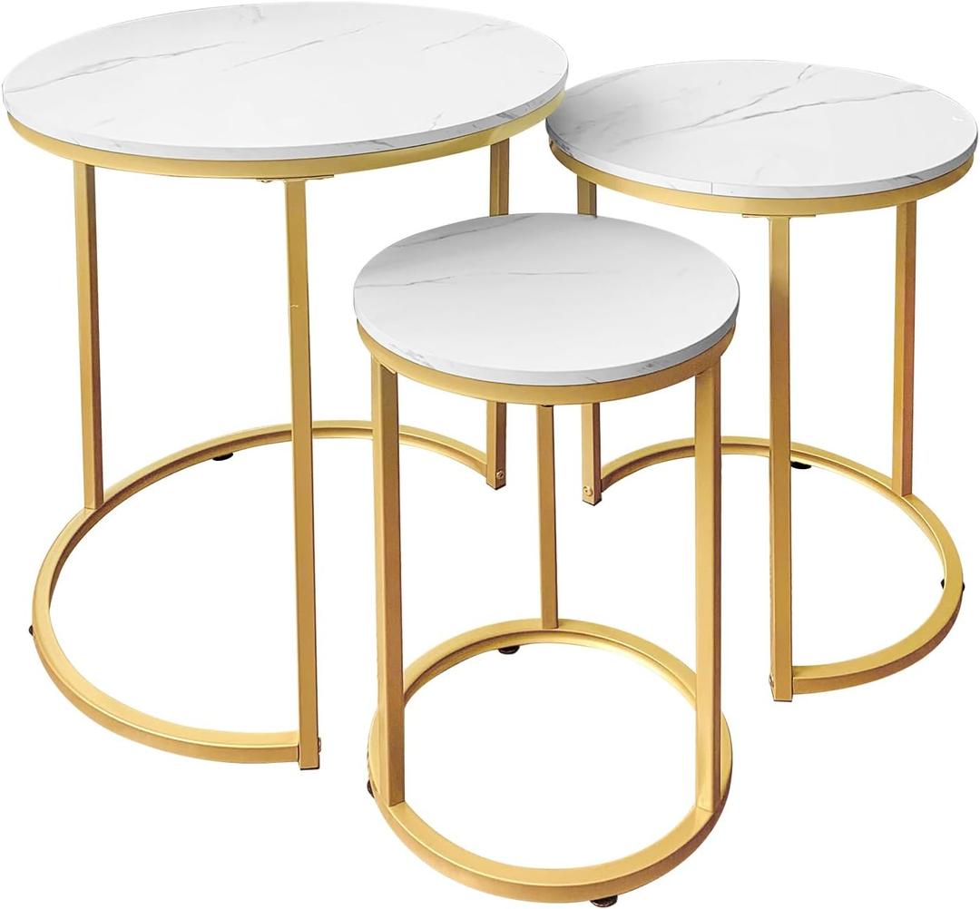 AT-VALY Nesting Tables Coffee Table Set of 3,Round Side Table Small Accent Table for Living Room,Bedroom Apartment (Gold) (20.5 Inch)