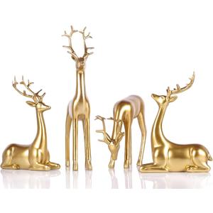 QIANLING 4Pcs Gold Reindeer Figurines Christmas Decorations - Elegant Resin Deer Statues for Tabletop, Mantel, or Shelf, Modern Gold Reindeer Sculpture Ornaments for Home Decor Idea