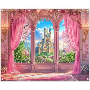 Fabric 10x8ft Pink Curtains Castle Photography Backdrop Window Room Floral Fairy Tale Background Girls Party Decorations Photo Booth Banner Tapestry