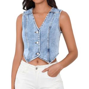 SHENHE Women's Denim Vest Button Down Sleeveless Jean Vest Top Y2K Cropped Denim Top Summer Western Outfits (Large, Light Blue)