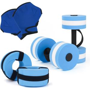 NEAGLORY 6 Pieces Aquatic Exercise Set Water Aerobics Set Pool Fitness Equipment Foam Water Dumbbell, Swim Aquatic Cuffs, Swimming Gloves for Exercise, Blue