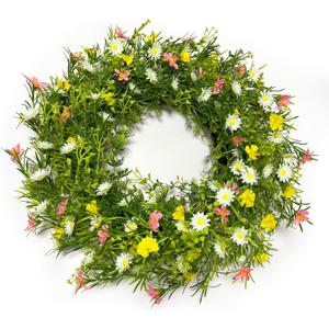 22" Spring Summer Wreath for Front Door, Artificial Floral Wreath with Pink Cosmos Yellow Chamomile White Daisies and Wild Grass, Indoor Outdoor Spring Summer Home Decor for Porch Window Wall