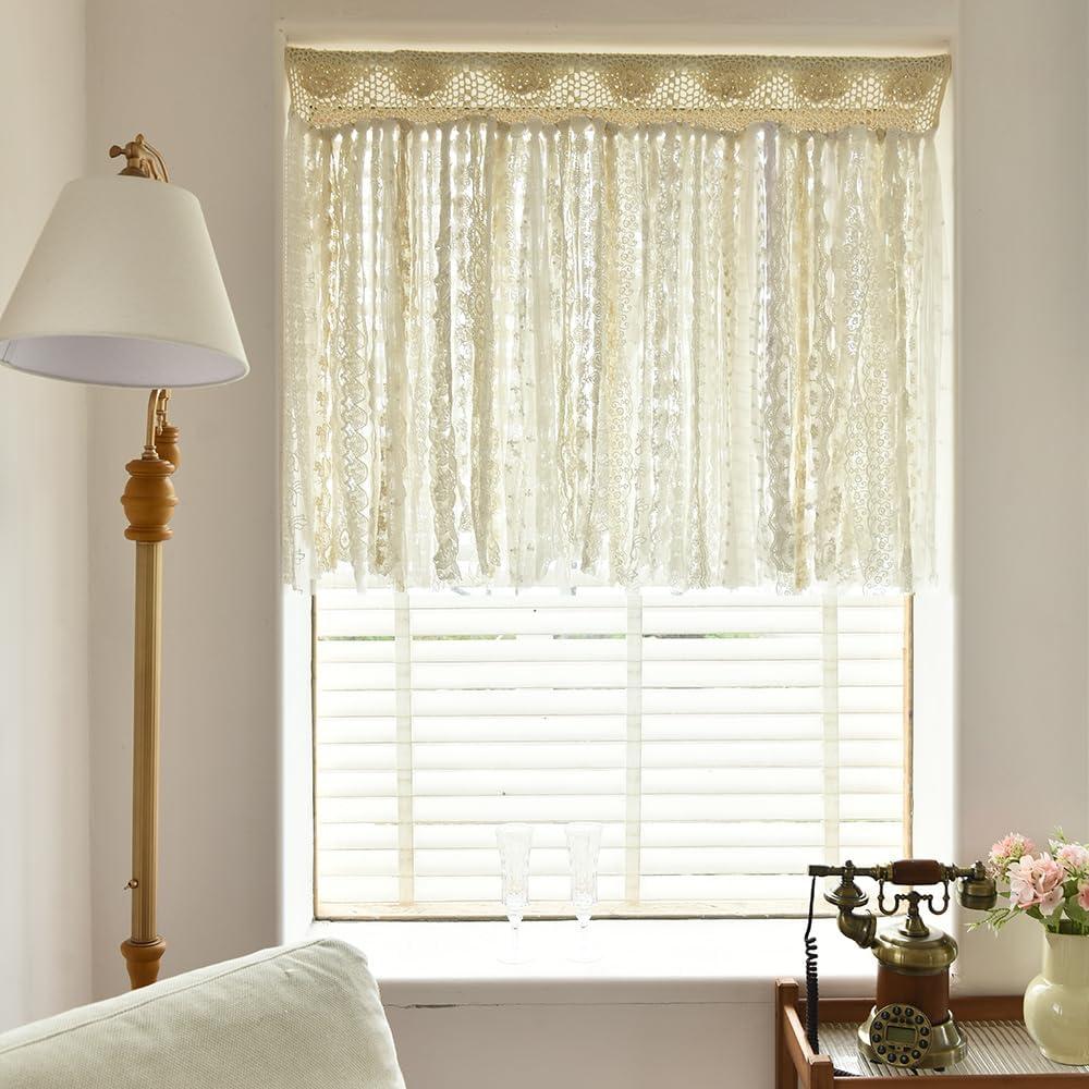 YJ YANJUN Boho Bathroom Curtains Window Country Lace Kitchen Window Curtain Panel Over Sink Crochet Cafe Curtains 30 inch Length Ribbon Curtain Bohemian Wall Decor 30" L x 40" W
