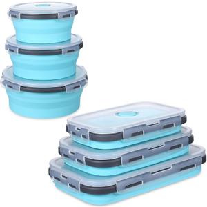 6 Pieces Collapsible Food Storage Containers Foldable Silicone Lunch Containers with Lids, 3 Pcs Silicone Rectangle Collapsible Bowls and 3 Pcs Round Food Bowls, Microwave Freezer and Dishwasher Safe