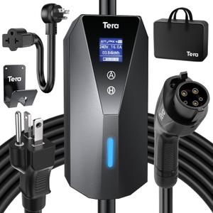 Tera Electric Vehicle Charger Portable: Level 2 & 1 J1772 16A 8A 110V 240V ETL NEMA 6-20 Plug Indoor & Outdoor EV Charging Station with NEMA 5-15 Adapter Cord 23FT Cable B08 (Black)