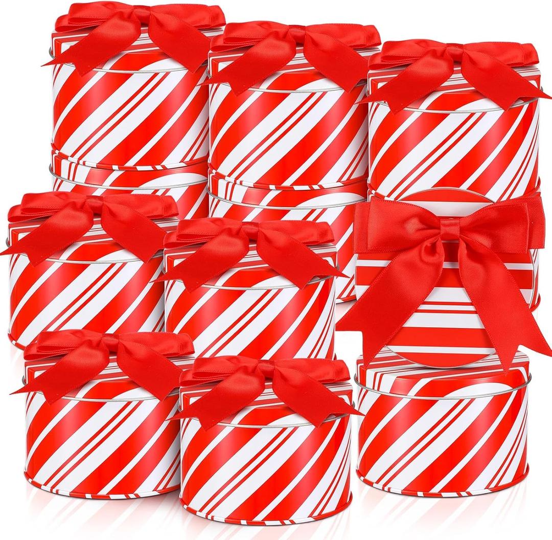 Zonon 12 Sets Christmas Cookie Tins with Lids, Red and White Candy Cane Design Christmas Cookie Tins, Xmas Metal Round Box for Gift Giving, Decorative Storage Containers, Party Holiday Treats Cookie Jars