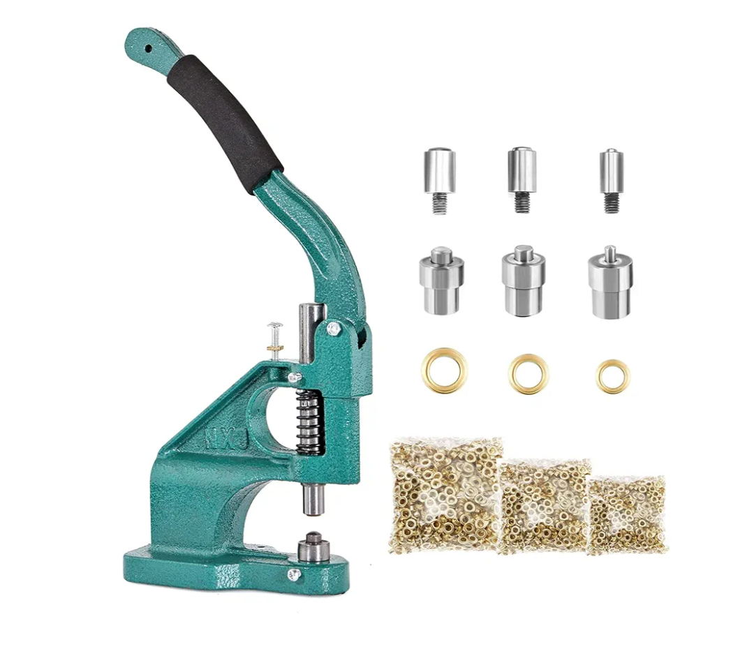 BEAMNOVA Grommet Tool Kit Hand Press Eyelet Setter Machine 1/4, 3/8, 1/2 Inch (6, 10, 12 mm) Setting Dies, 1500 Golden Grommets