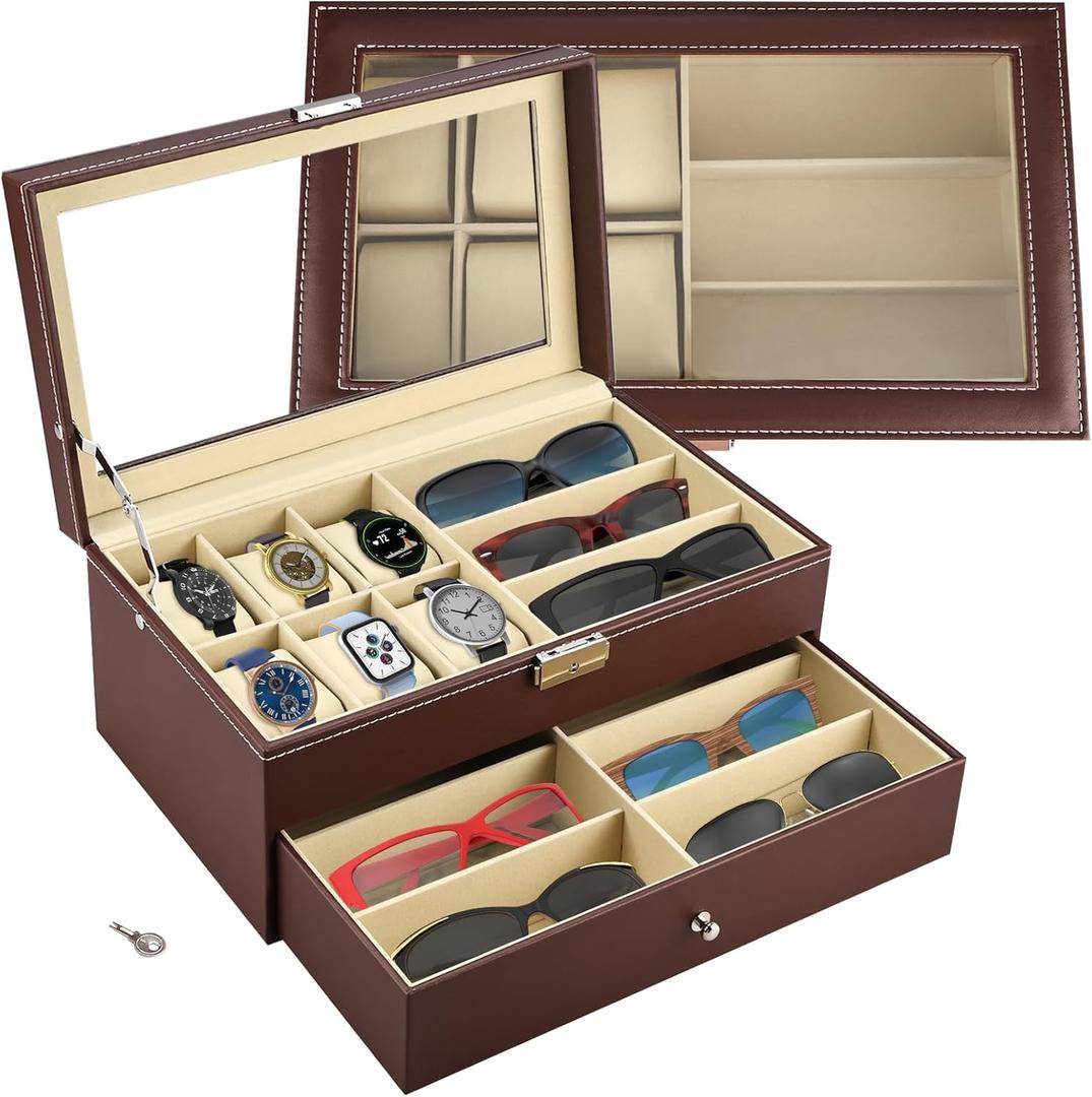 NovelBee Leather 6 Slots Watch Box and 9 Pieces Eyeglasses Sunglass Glasses Case Organizer,2-Tier Watch Sunglasses Display Drawer Holder Transparent Lid with Lock for Women Men (Brown)
