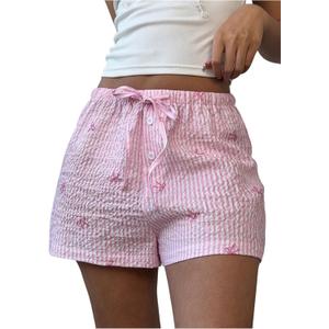 SOLY HUX Women's Striped Print Drawstring Waist Bowknot Straight Leg Cute Lounge Shorts Summer Clothes (Pink, S)
