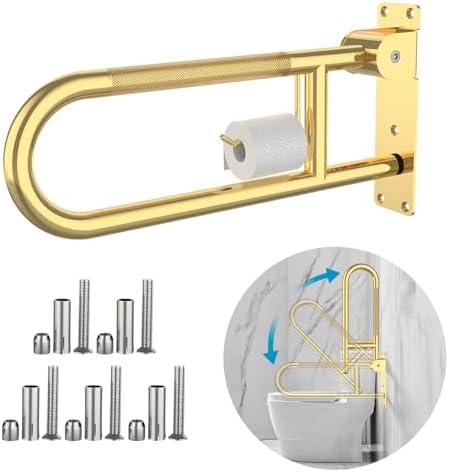 Toilet Grab Bar 22.4 Inch Gold, Munzong Anti-Slip Handicap Grab Bars with Paper Holder, Flip-Up Bathroom Safety Rails, Stainless Steel Knurled Support handrails for Seniors Elderly Disabled Pregnant