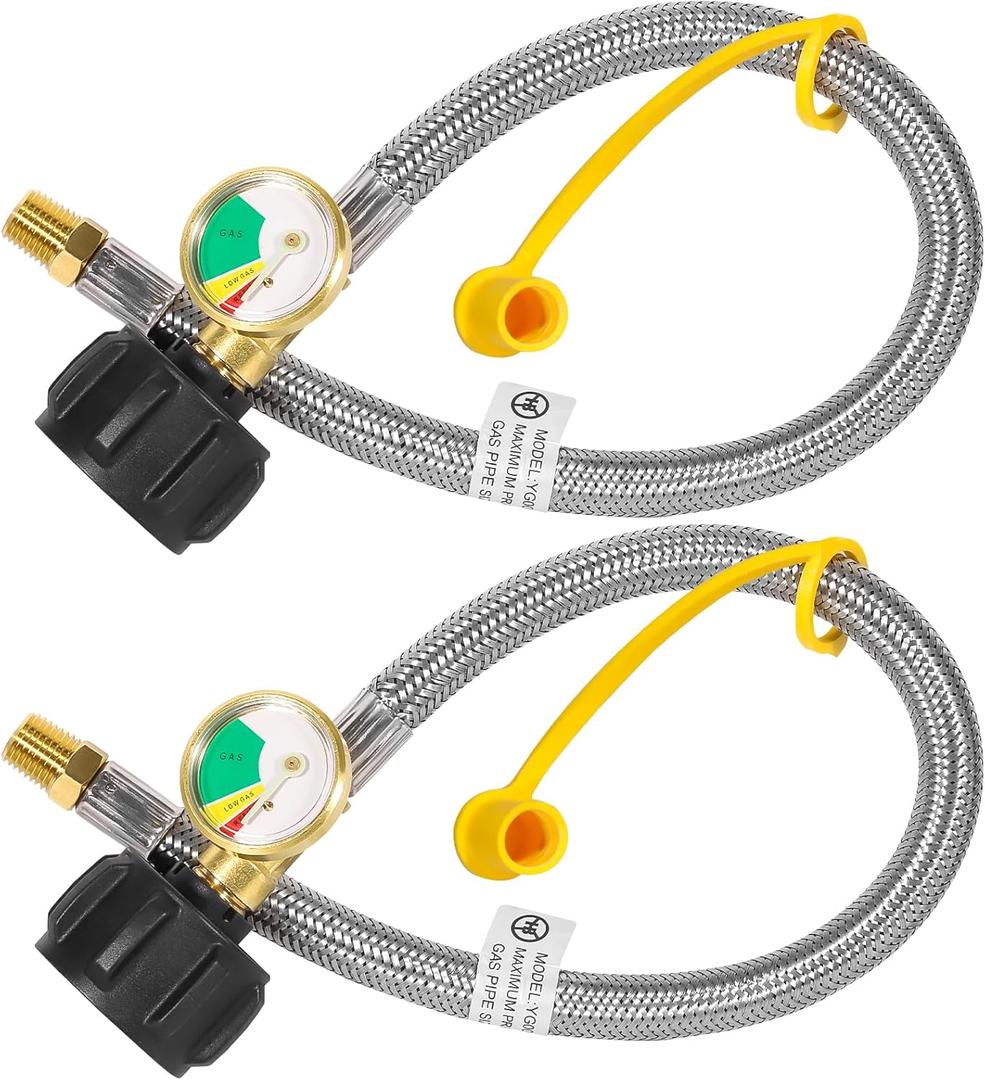 18 Inch RV Propane Hose with Gauge - Camper Tank Hose Replacement Stainless Steel Braided, Rv lp Gas Hoses Connector for Standard Two-Stage Regulator - 1/ 4 Male NPT x QCC1, 350 PSI (2 Pack)