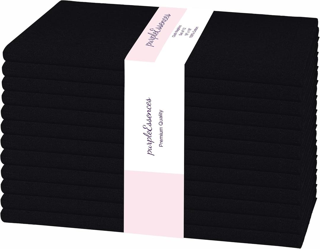 PurpleEssences Set of 12 Cloth Dinner Napkins 100% Cotton 18x18 Inch - Soft Durable Washable - Ideal for Farmhouse Party Christmas Holiday Winter - Perfect Everyday Use Table Linen - Black
