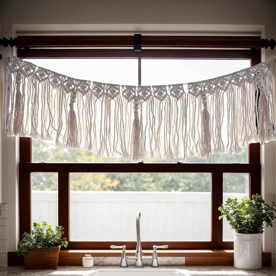 Bohemian Macrame Handmade Fringe Garland, Boho Wall Hanging Decor with Tassels, Multipurpose Macrame Hanging Tassel for Window/wall/Doorway/Basket Decoration Length x Hight 30x9 Beige Color