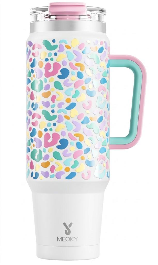Meoky 40 oz Tumbler with Handle, Insulated Tumbler with Lid and Straw, Stainless Steel Travel Mug, Keeps Cold for 24 Hours, 100% Leak Proof, Fits in Car Cup Holder (Leopard)