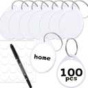 1.57 Inch Plastic Key Tags Round White Item Identifiers with Blank Paper Label Stickers and Pen, Metal Split Ring Tags Ideal for Home,Office and Rental Management Use,100 Pack