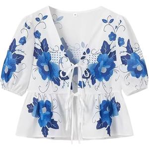 Gihuo Womens Tie Front Floral T-Shirt Cute V Neck Ruffle Hem Short Sleeve Summer Cropped Shirt Top Babydoll Blouse, L