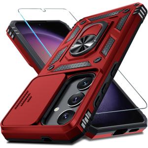 Janmitta Compatible with Samsung Galaxy S25 Plus/S24 Plus Case Built in Slide Camera Lens Cover+Screen Protector+Finger Ring Holder Kickstand,Heavy Duty Shockproof Full Body Phone Cover,Red