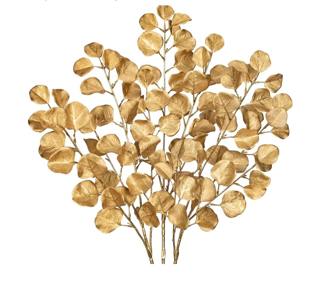 Hollyone 32” Christmas Tree Picks and Sprays 3Pcs Gold Artificial Eucalyptus Stems Eucalyptus Leaves Branches Fake Gold Leaf Floral for Vase DIY Xmas Tree Garland Wreath Centerpieces Wedding Decor