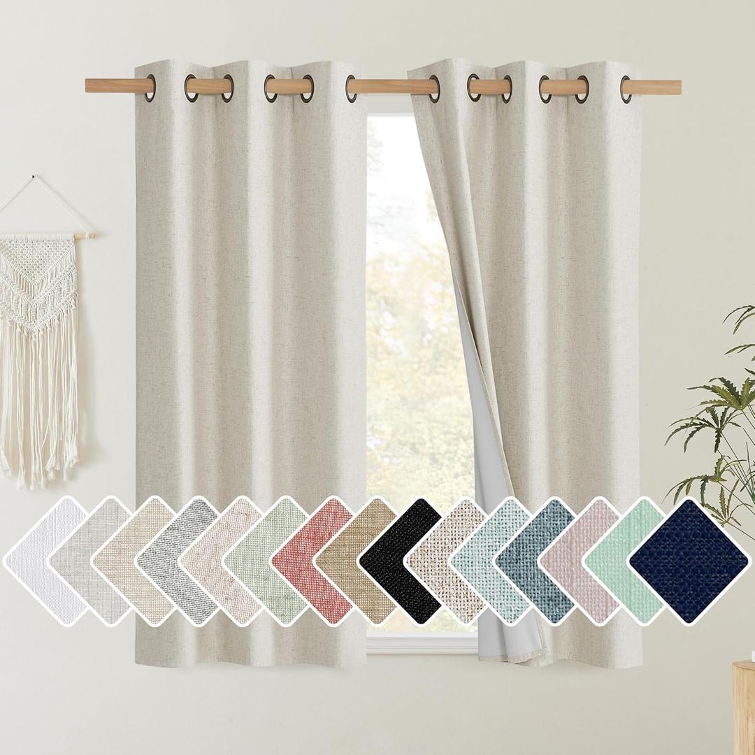 NICETOWN Natural Linen Complete Blackout Curtains 54 inches for Kids Room, 2 Panels, Thermal Insulated & Noise Reducing Window Draperies with White Liner, Noise Reducing Short Drapes