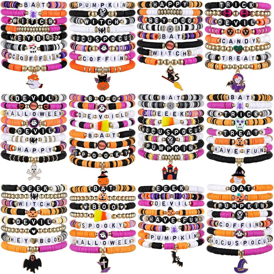 96 Pcs Halloween Bracelets Bulk Set Happy Halloween Friendship Bracelets Bulk Bats Ghosts Witches Colorful Beaded Adjustable Flat Jewelry for Women Man Party Favors Gift(Vivid)