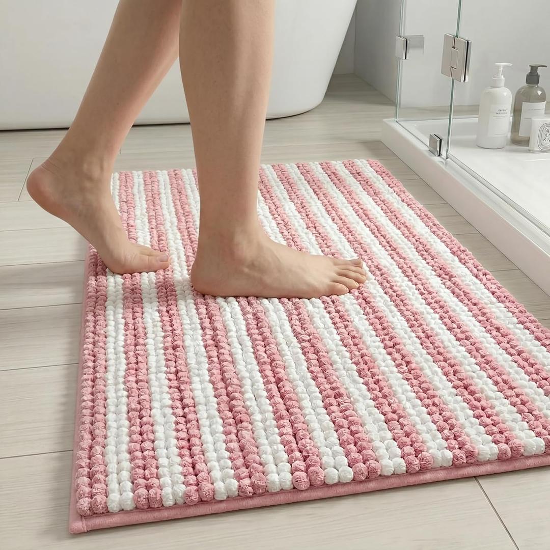 Chenille Bathroom Rug Non Slip Washable, Absorbent Bath Mat with Quick Dry Surface and Durable Hot Melt Adhesive Backing for Floor, Tub, Shower, Sink, Small (16" x 24"), Pink and White Pinstripe