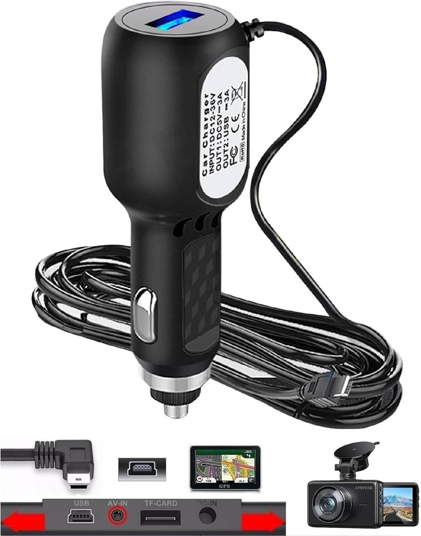 Dash Cam Charger Cable, 11.5FT Mini USB for 12V-24V Cars & Trucks, 3-in-1 Charging for Dash Cam, GPS Navigator, Mobile Phones & Other Devices