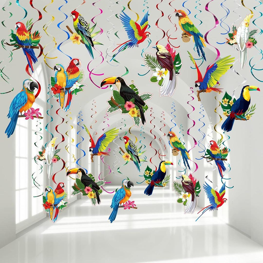 30 Pieces Tropical Birds Decorations, Tropical Hawaiian Toucan Parrot Party Hanging Swirl Foil Ceiling Decor for Summer Luau Hawaiian Beach Pool Tiki Wedding Birthday Party Supplies