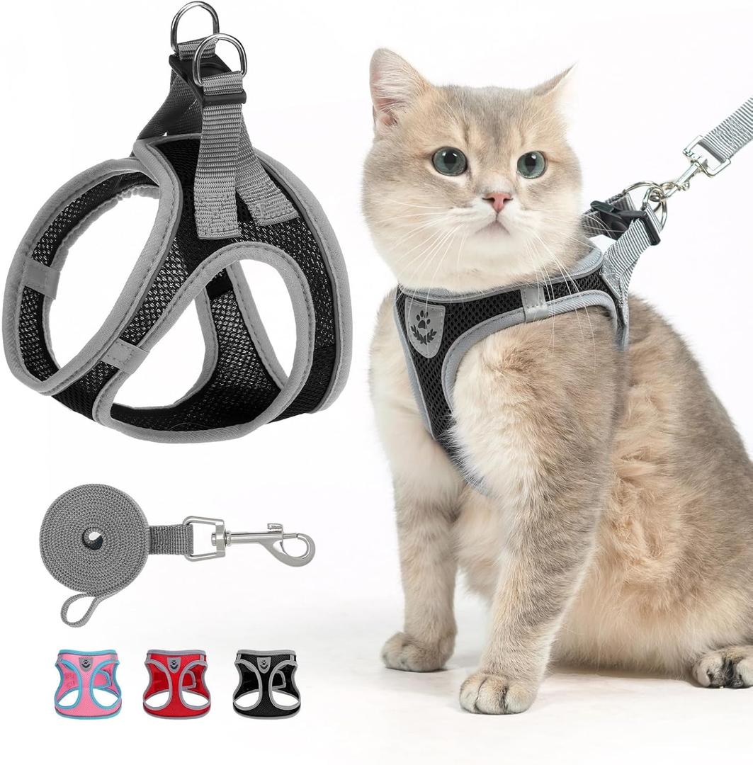 SCENEREAL Cat Harness and Leash Set Escape Proof, Adjustable Soft Air Mesh Kitten Harnesses for Girls Boys Small Medium Big Cats, Reflective Light Travel Pet Walking Vest for Puppy Rabbit, Black XL (XL(Chest 16.5-18.5"))
