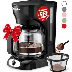 Mueller 12-Cup Drip Coffee Maker - Borosilicate Carafe, Auto-Off, Reusable Filter, Anti-Drip, Keep-Warm Function, Clear Water Level Window Coffee Machine, Kitchen Essentials & Accessories (Black)