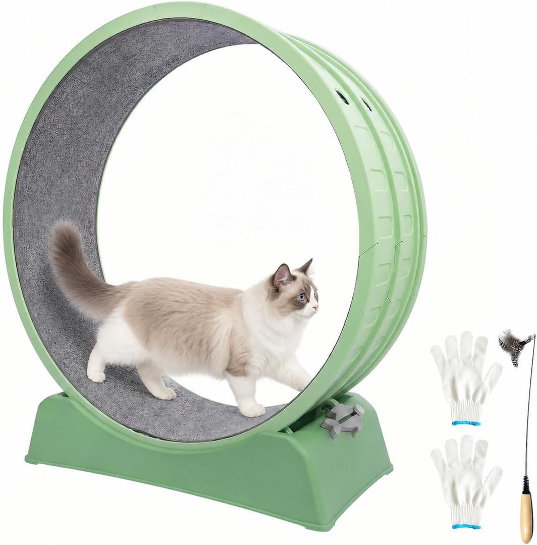 33" Cat Wheels for Indoor Cats, Large Cat Running Wheel with Detachable Carpet & Teaser, Easy to Install and Clean, Cat Essentials for Pet Health - Green