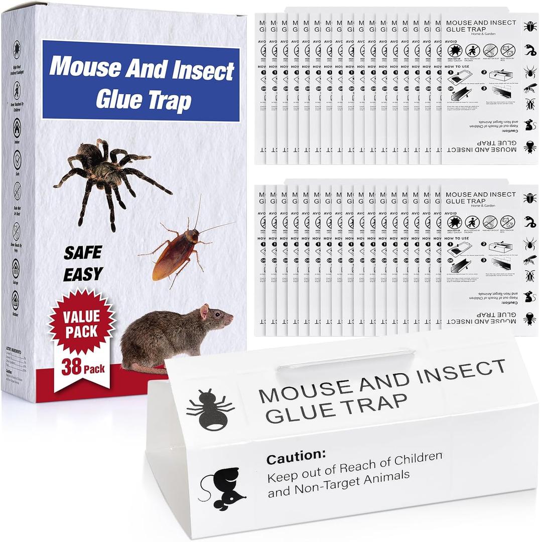 Mouse & Bugs Roach Spider Insect Traps, 38 Pack Glue Traps for Mice Ant Snake Rats, Sticky Pest Control Adhesive Tray for Catching, Sesame Oil Scent Non Toxic Pre-Baited Glue Boards Indoor Home