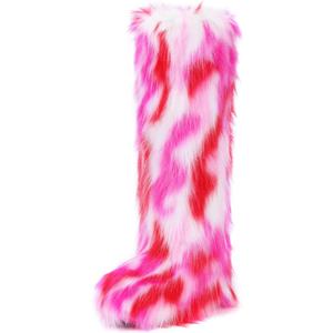 IXU Women's Faux Fur Boot Furry Fluffy Round Toe Suede Winter Comfy Plush Warm Short Outdoor Indoor Flat Shoes Knee-High Boots (8.5, Red/Pink)