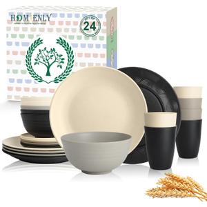 Homienly Wheat Straw Plates and Bowls Set, Lightweight & Unbreakable Dinnerware Set for Kitchen, Parties, Holidays, Microwave and Dishwasher Safe Dish Set - Plate Sets, Bowls, Cups, 24pcs (Grey Stone)