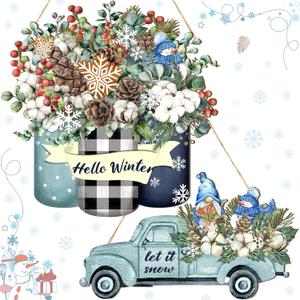 Thyle 2 Pcs Hello Winter Door Sign Let It Snow Truck Ornament Wood Christmas Snowman Sign Decor Rustic Farmhouse Hanging Plaque for Farmhouse Porch Front Door Decor