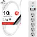 GE 6-Outlet Surge Protector, 10 Ft Extension Cord, Power Strip, 800 Joules, Flat Plug, Twist-to-Close Safety Covers, ETL Listed, White, 14092