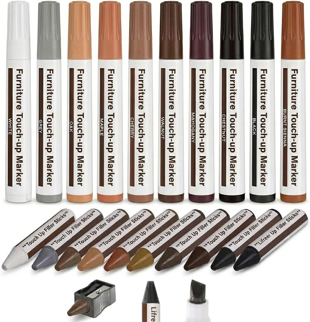 Lifreer Furniture Markers Touch Up Kit, 21 Pcs Wood Scratch Repair Kit with 10 Color Touch Up Pens, Wax Filler Sticks & Sharpener for Wood Floors, Cabinets, Tables, Desks & Bedposts