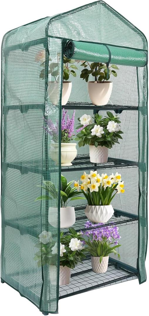 MaxWorks 51962 4 Tier Mini Greenhouse 63'' H x 27'' L x 19'' W PE Cover with UV Protection Green Indoor Outdoor Gardening Roll Up Zipper Door Grow Seedlings and Seeds Portable