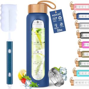 Aqulea Glass Water Bottles 32 Oz with Silicone Sleeve - BPA Free Reusable Wide Mouth Glass Motivational Water Bottles with Fruit Infuser  Leak Proof Borosilicate Water Bottle with Time Marker (Blue)