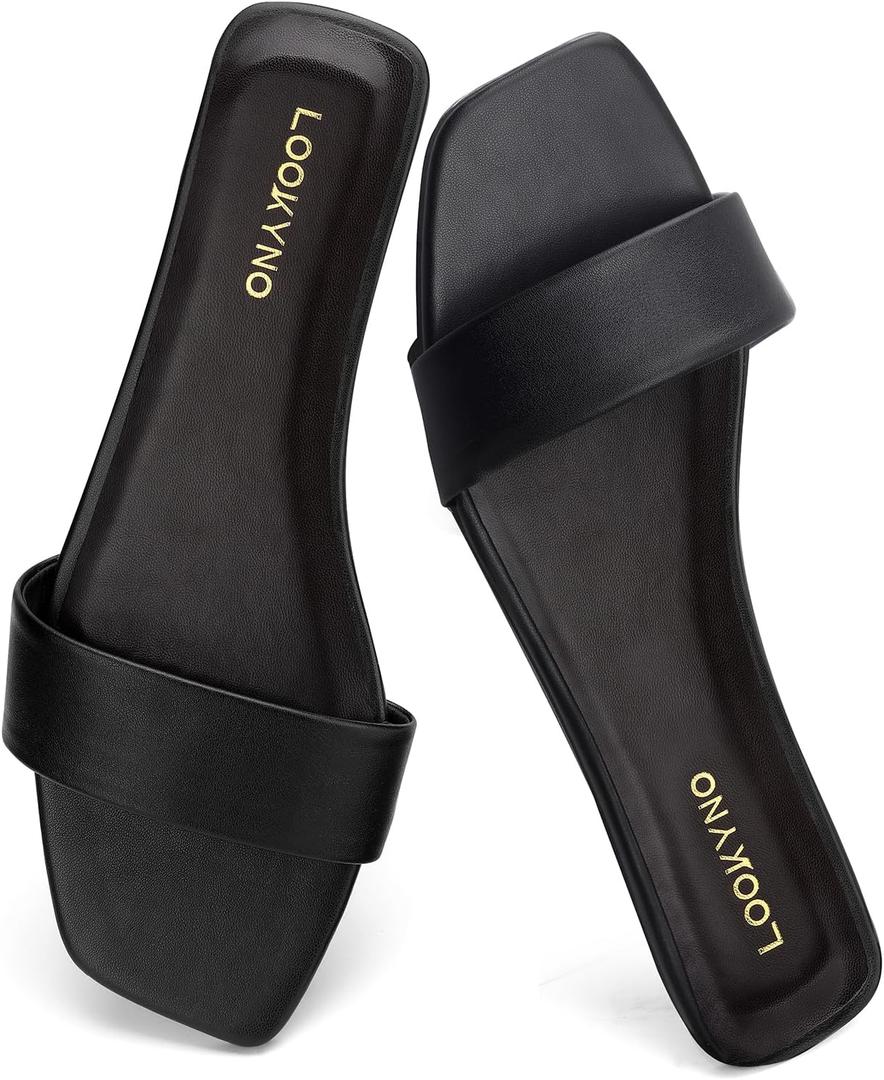 Women's Flat Sandals Square Fashion Basic Sandals Slides Comfortable Slip On Summer for Slippers Casual Peep Toe Beach (7, Black)