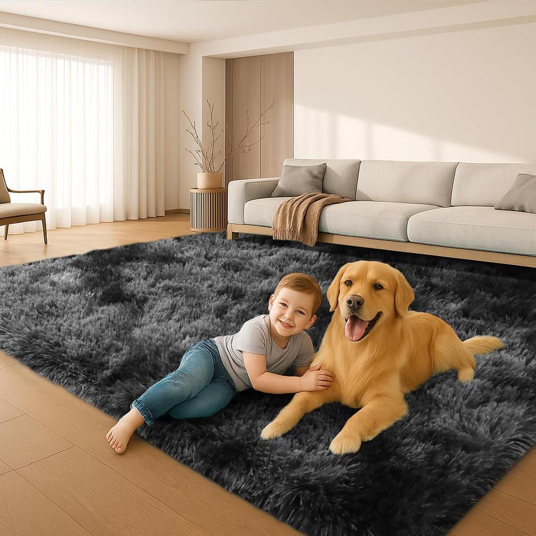 6x9 Rugs for Living Room, Rugs for Bedroom,Plush Fluffy Carpet, Non-Slip Upgrade Dark Grey Rug,Can Also be Used in Home Decor Aesthetics,Kids Rooms and Dorm Rooms. (Black & Gray Tie-dye)