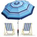 Deluwire 7ft Heavy Duty High Wind Beach Umbrella Parasols UV 50+ Protection Outdoor Sunshade Umbrellas Carry Bag for Patio Garden Pool Backyard Stripe Blue insert completely into the sand (From Picture only Umbrella)