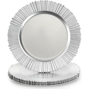 13" Floral Silver Charger Plates, Classic Chargers for Dinner Plates, Reusable Plastic Table Setting Bulk Event, Party, Wedding, Festival, Baby Shower