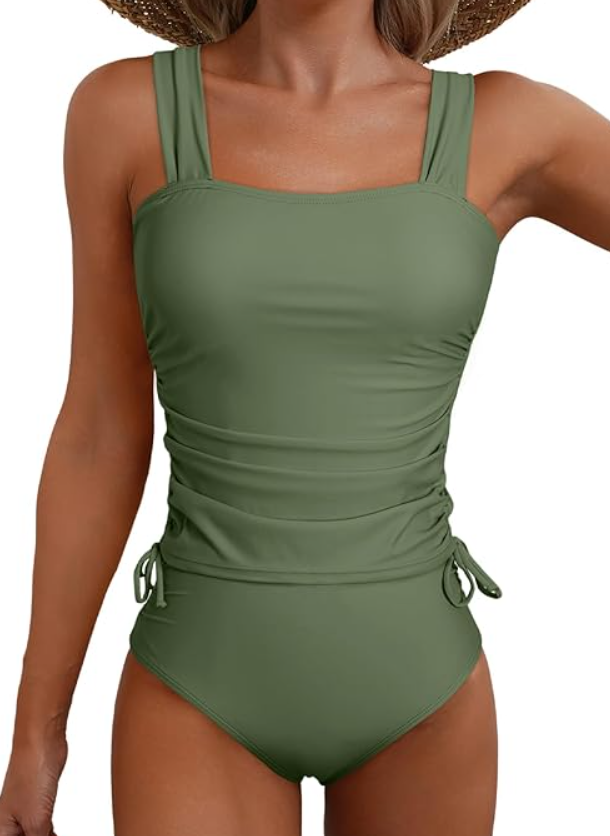 Aleumdr Womens Retro Ruched Two Piece Strappy Tummy Control Swimwear Tie Side Tankini Bathing Suit Set (M)