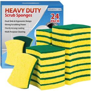 HOMERHYME Heavy Duty Scrub Sponge 24 Pack, Eco Cellulose Kitchen Dish Sponge Multipurpose Ergonomic for Washing Dishes, Uncoated Cookware & Household Cleaning. (Green/Yellow)