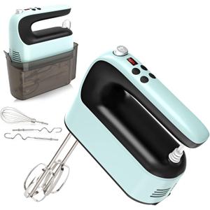 9-Speed Digital Hand Mixer Electric, 400W Powerful DC Motor, Hand Mixer Electric Handheld with Snap-On Storage Case, 5 Stainless Steel Accessories, Beaters, Dough Hooks, Whisk(Ice Blue/Black)