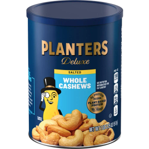 PLANTERS Deluxe Salted Whole Cashews, Party Snacks, Plant-Based Protein, Quick Snack for Adults, After School Snack, Roasted Cashew Flavored with Sea Salt, Bulk Nuts, Kosher, 1 lb 2.25oz Canister, Expiration Date 16 June 2027