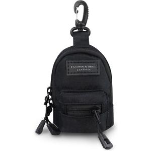Outdoor Small Pouch with Carabiner Clip, 2-Layer Zipper Small Coin Purse with Detachable Neck Strap, Canvas Mini Bag Keychain for AirPod Earphone (Black)